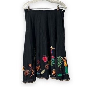 Chico's Black Embroidered Asian Motif Beaded Midi Skirt Women’s Size Medium Boho